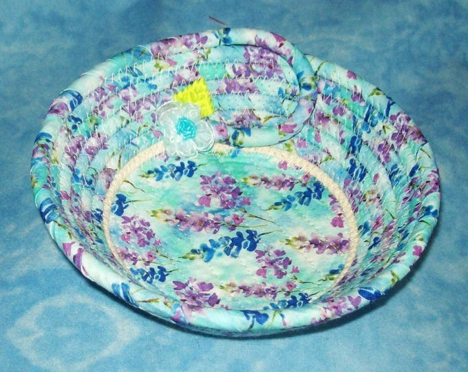 Lavender Fabric Wrapped Rope Bowl: Handmade Coiled Small Basket