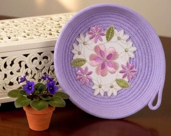 Small Lavender Rope Bowl-Embroidered Fabric Doily Basket