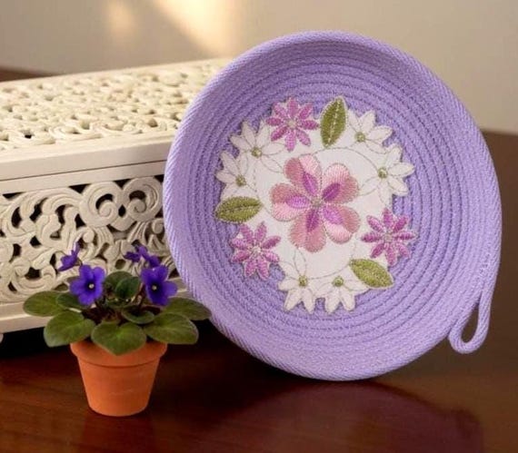 Small Lavender Rope Bowl-Embroidered Fabric Doily Basket