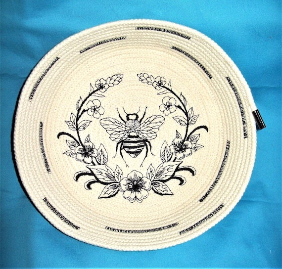 Embroidered Bee Rope Bowl: Regal Bee Design, Handmade Cotton Basket