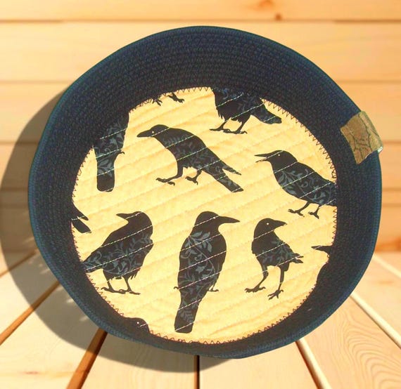 Raven Rope Bowl: Gothic Crow Coiled Cord Basket, Handmade in Montana