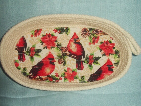 Cardinal Rope Bowl-Christmas Oval Container-Candy Dish-Ring Holder-Glasses Keeper-Holiday Winter Coiled Basket-Poinsettia Handmade Montana
