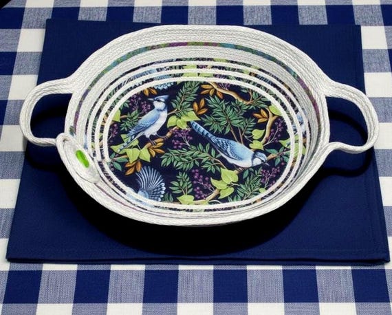 Blue Jay Rope Bowl-Fabric Wrapped Oval Basket