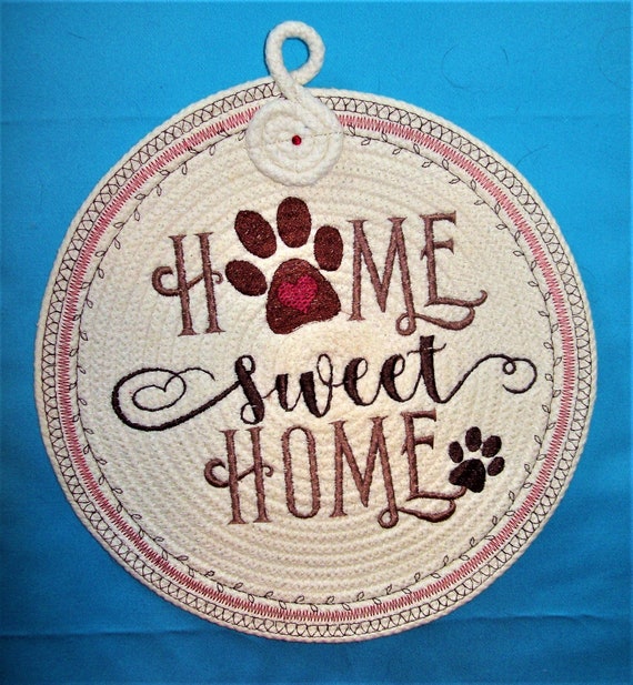 Embroidered Rope Trivet: Home Sweet Home Dog Coaster