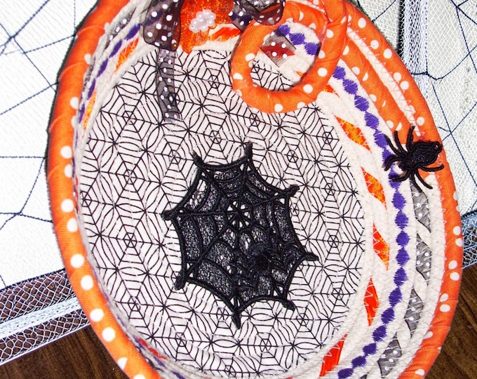 Spider Web Embroidered Rope Bowl-Holiday Candy Basket-Lace Spider