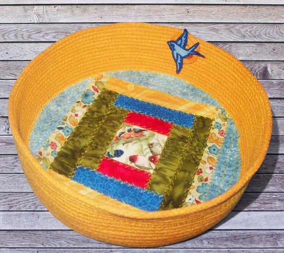 Handmade Quilted Rope Bowl: Farmhouse Country Style Catchall with Bluebird