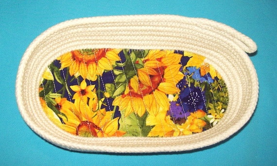 Sunflowers Oval Rope Bowl-Coiled clothesline cord basket