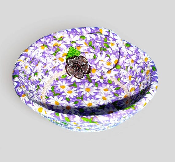 Lavender Daisy Rope Bowl: Handmade Trinket Fabric Basket
