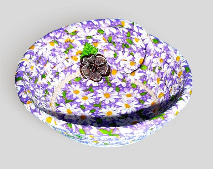 Lavender Daisy Rope Bowl: Handmade Trinket Fabric Basket