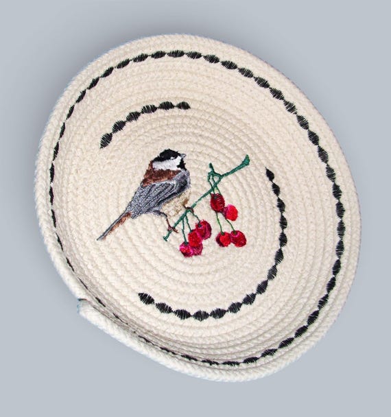 Embroidered Chickadee Rope Bowl: Handmade Cotton Cord Basket