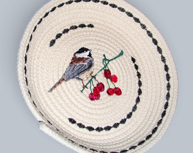 Embroidered Chickadee Rope Bowl: Handmade Cotton Cord Basket