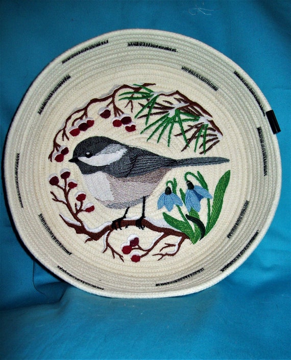 Chickadee Embroidered Bowl-large Coiled Rope Bowl-winter Chickadee  Embroidery on Rope Basket 