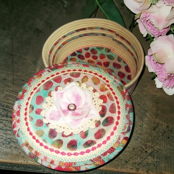 Handmade Coiled Rope Bowl with Lid: Fabric Sewing Basket