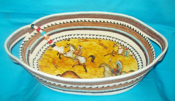 Large Rope Bowl with Handles-Buffalo Hunters-Native Design-Western Design-Oval Basket-Quilted Bottom-Bowl-Horse Indian Tribal-Fabric Wrapped