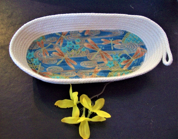 Dragonfly Rope Bowl-medium sized-dragonfly design-Small oval fabric coiled basket-rope bowl basket-handmade Montana