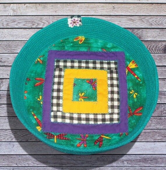Colorful Rope Bowl-Patchwork Quilted Base-Country Style Cotton Cord Basket-Hand dyed- handmade in Montana