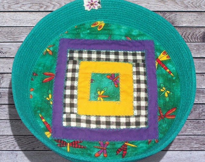 Colorful Rope Bowl-Patchwork Quilted Base-Country Style Cotton Cord Basket-Hand dyed- handmade in Montana