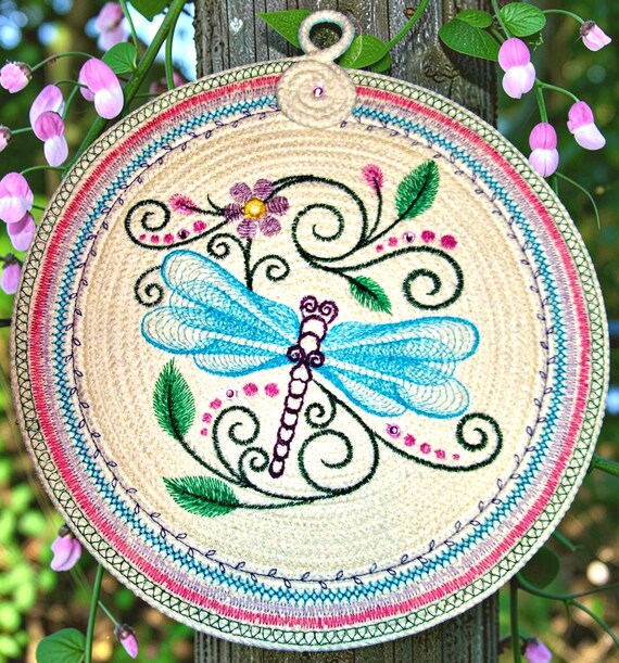 Embroidered Dragonfly Rope Trivet: Handmade Floral Table Mat-Wall Decor