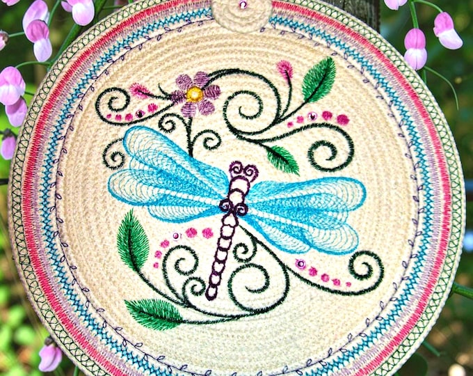 Embroidered Dragonfly Rope Coaster: Handmade Floral Mug Rug-Wall Art