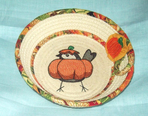 Embroidered Chickadee Pumpkin Rope Bowl: Autumn Bird Gift-Kitchen Decor