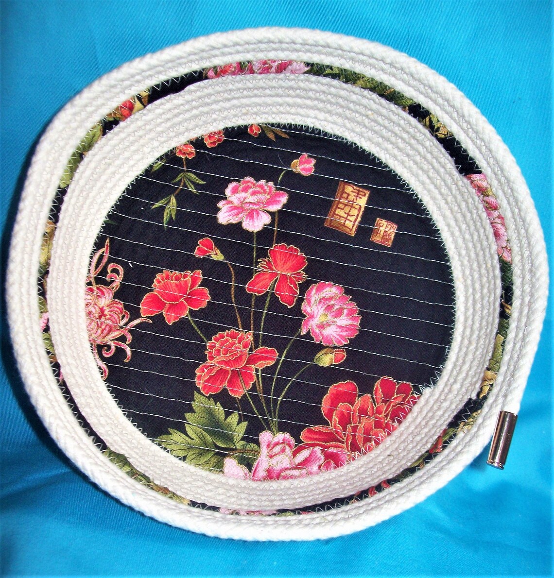 Coiled Rope Bowl-asian Design-quilted Bottom-fabric Rope Basket-quilted ...