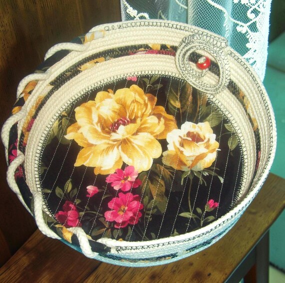Yellow Roses Fabric Rope Bowl: Coiled Clothesline Basket