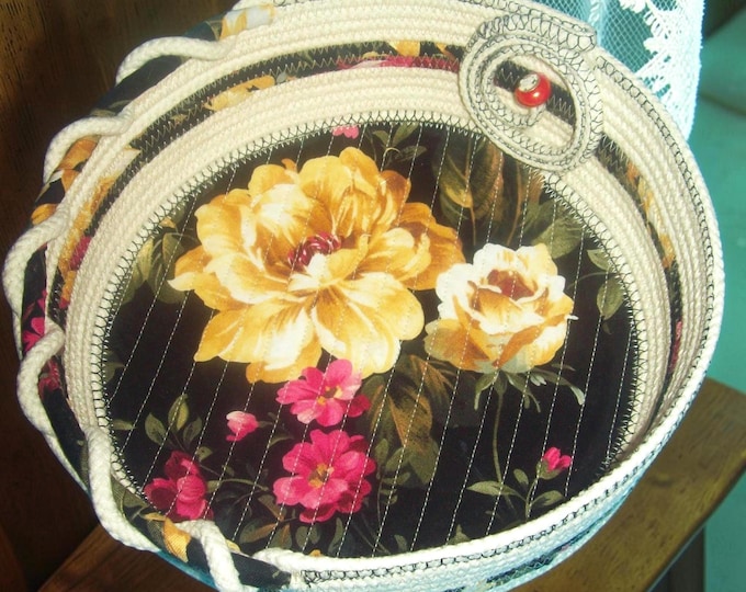 Yellow Roses Rope Bowl: Coiled Fabric Basket