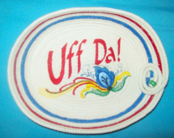 Embroidered Scandinavian Bowl-UffDa Saying-Rosemaling Design-Coiled Red basket- Clothesline Rope Basket-Norwegian Saying-Norwegian wall art