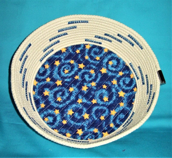 Stars Rope Bowl: Celestial Coiled Fabric Basket -Blue Thread Swirls Galaxy