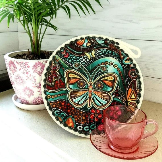 Butterfly Quilted Rope Coaster-Boho Mug Rug- Candle Mat