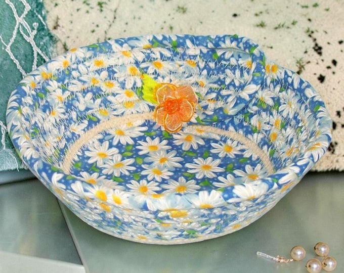 Daisy Floral Rope Bowl: Handmade Coiled Fabric Wrapped Trinket Dish