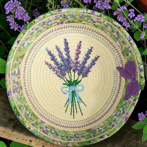 Embroidered Lavender Rope Bowl: Spring Floral Fabric Basket