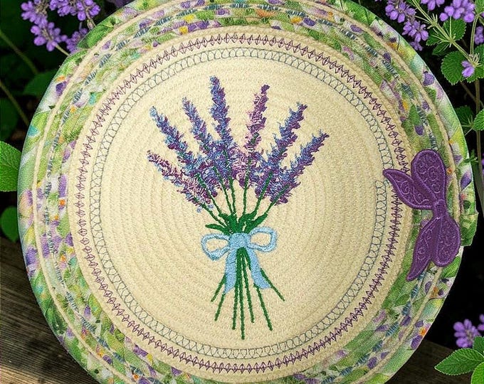 Embroidered Lavender Rope Bowl: Spring Floral Fabric Basket