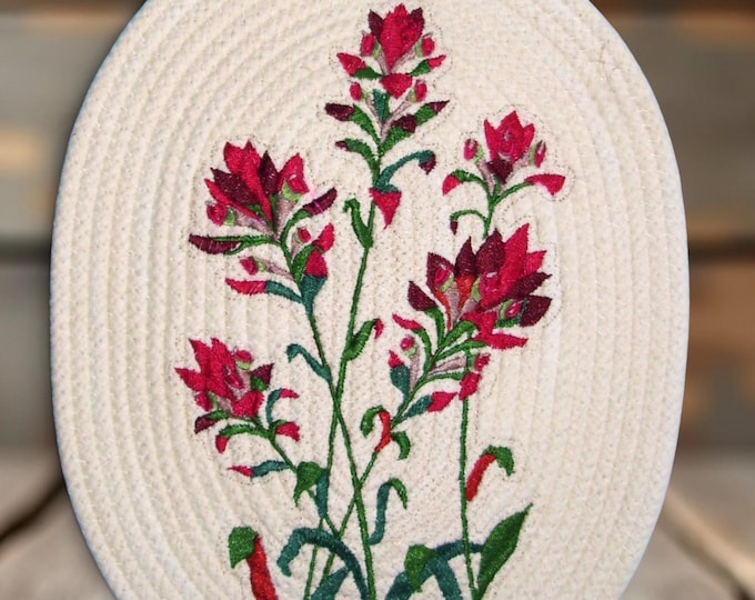 Embroidered Indian Paintbrush Rope Trivet: Handmade Cotton Table Mat