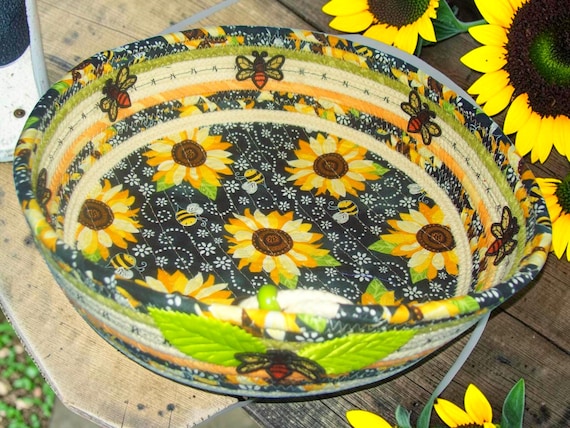 Handmade Sunflower Rope Bowl: Embroidered Honeybee Cotton Basket-FSL Bees