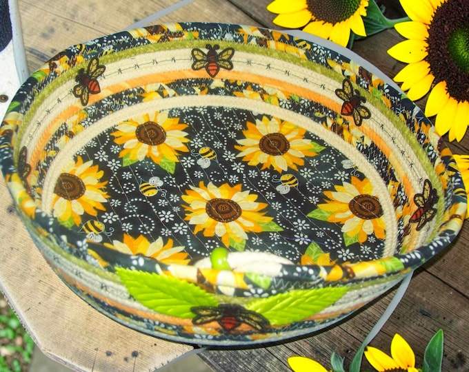 Handmade Sunflower Rope Bowl: Embroidered Honeybee Cotton Basket-FSL Bees