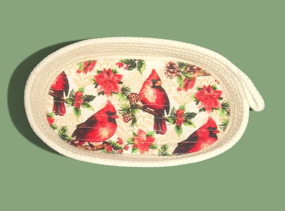 Cardinal Rope Bowl-Christmas Oval Container-Candy Dish-Ring Holder-Glasses Keeper-Holiday Winter Coiled Basket-Poinsettia Handmade Montana