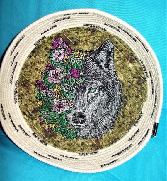 Embroidered Wolf Rope Bowl: Quilted Floral Design Basket, Woodsy Forest Decor