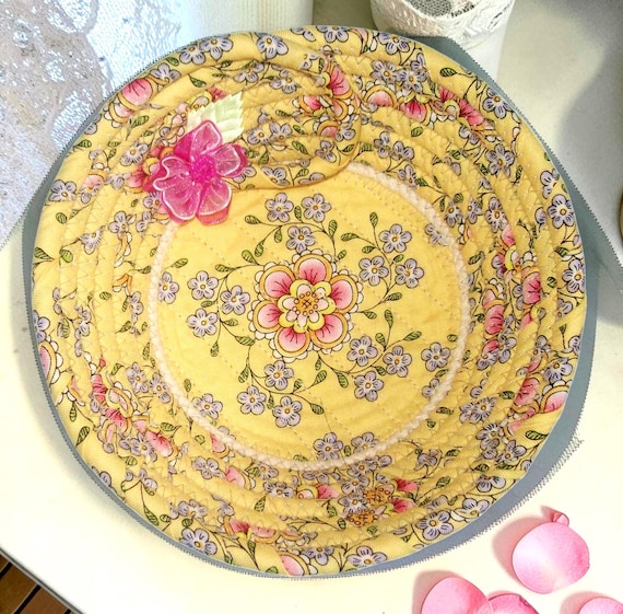 Handmade Floral Rope Bowl: Yellow Fabric Coiled Basket