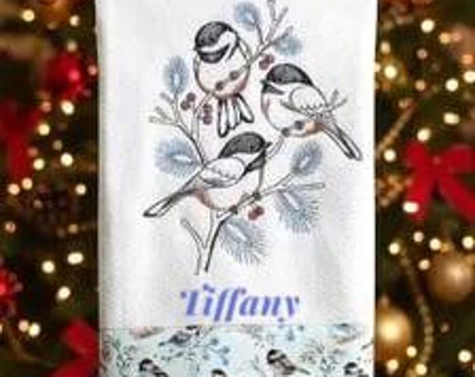 Personalized Holiday Chickadee Towel, 16x28 Cotton Terry with Blue Border
