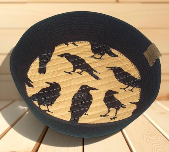 Raven Rope Bowl: Gothic Crow Coiled Cord Basket, Handmade in Montana