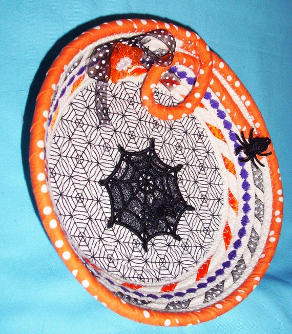 Spider Web Embroidered Rope Bowl-Holiday Candy Basket-Lace Spider