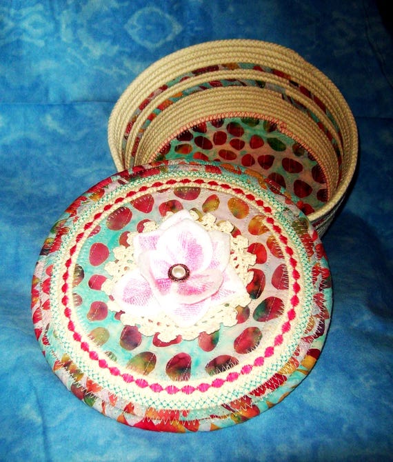 Handmade Coiled Rope Bowl with Lid: Fabric Sewing Basket
