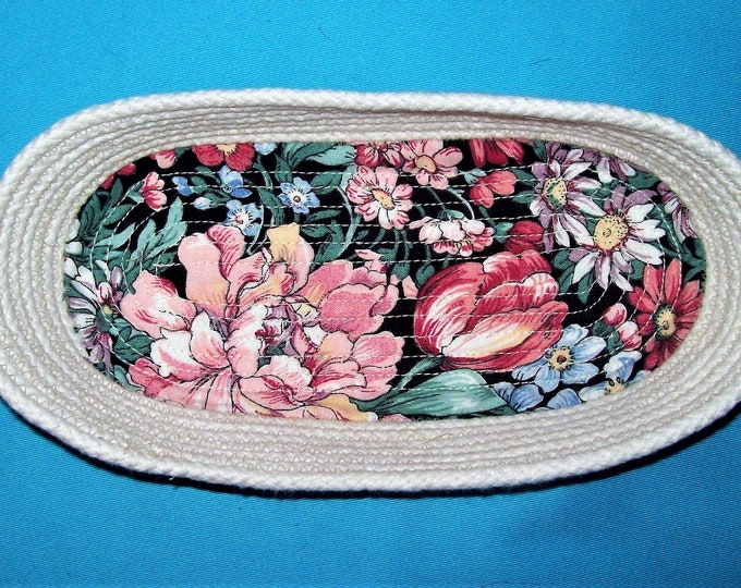 Oval Rope Basket: Vintage Floral Fabric Bottom, Ring/Key Holder