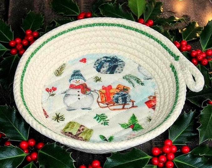 Small Snowman Rope Bowl-Winter Fabric Quilted Basket