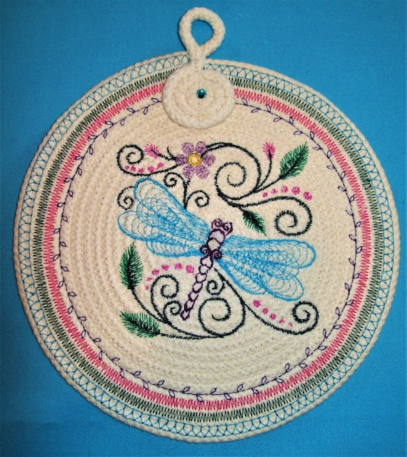 Embroidered Dragonfly Cotton Coiled Rope Trivet: Handmade Floral Table Mat