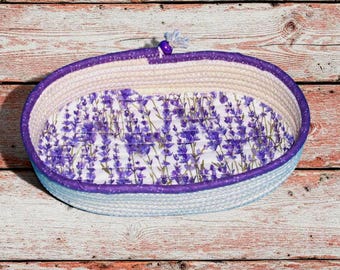 Lavender Floral Rope Bowl: Fabric Wrapped Basket, Handmade Organizer