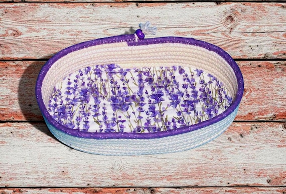 Lavender Floral Rope Bowl: Fabric Wrapped Basket, Handmade Organizer