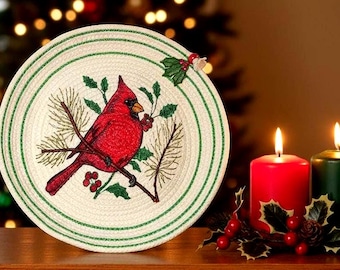 Bol de cuerda con cardenal bordado, cesta navideña de cuerda hecha a mano