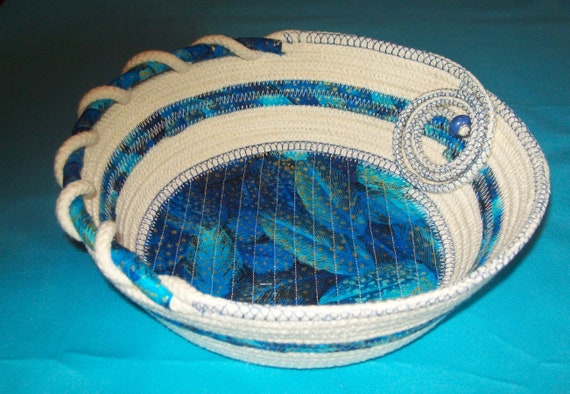Blue Feather Fabric Rope Bowl: Coiled Basket, Montana Made (9x3")